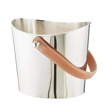 Image of EDZARD ice Bucket/Wine Cooler Gilbert, Height 6,7 in, Highly Polished and Nickel Plated, with Handle Made of Leather