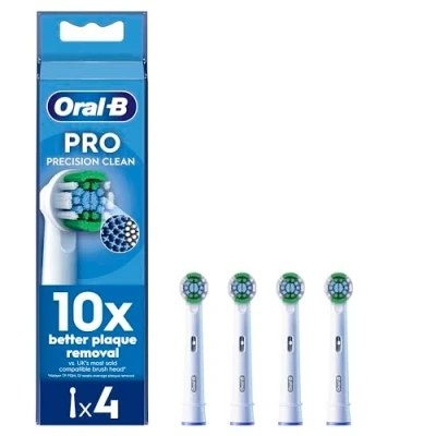 Image of Oral B Pro Precision Clean Electric Toothbrush Head, X Shape And Angled Bristles for Deeper Plaque Removal, Pack of 4 Heads, White