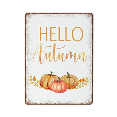 Image of Dreacoss Hello Autumn Tin Signs, Fall Wall Art, Retro Funny Metal Sign Vintage Poster Art for Kitchen Garden Bathroom Farm Home Coffee Decor Sign, 30x40 cm