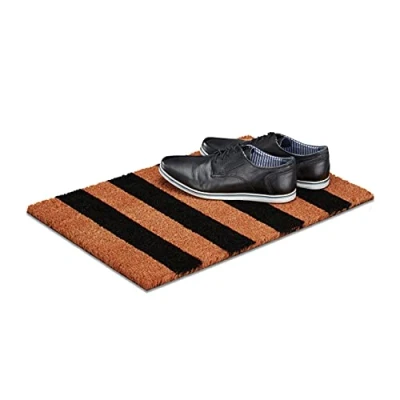 Image of Relaxdays Coir Doormat, HxWxD: 1.5 x 60 40 cm, Striped, Nonslip, Rubber, Coconut Fibres, Brown Black, cm