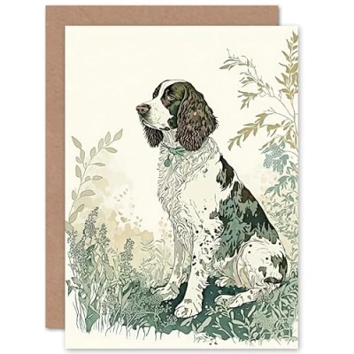 Image of Artery8 English Springer Spaniel Dog in Field Modern Pastel Watercolour Illustration Art Birthday Sealed Greeting Card Plus Envelope Blank inside