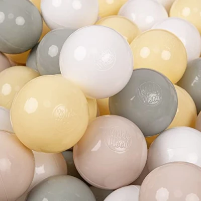 Image of KiddyMoon Soft Plastic Play Balls 200 Balls/7Cm 2.75In Multi Colour Made In EU, Pastel Beige/Greengrey/Pastel Yellow/White