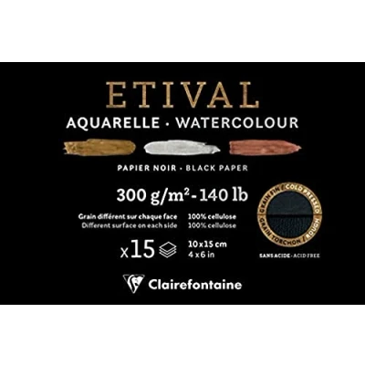 Image of Clairefontaine Ref 975448C Etival Black Drawing Paper Pad (15 Sheets) 10 x 15cm Size, Acid Free, pH Neutral, 300gsm Suitable for Pencil, Pastel, Gouache, Acrylic
