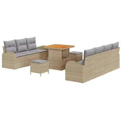 Image of vidaXL 10 Piece Garden Sofa Set with Cushions Beige Poly Rattan Acacia