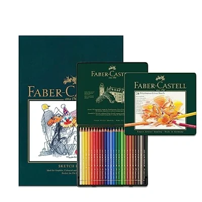 Image of Faber Castell A4 Sketch Pad &amp; Tin Of 24 Polychromos Artists Colouring Pencils Art Set For Adult Books, Craft Supplies, Drawing, Sketching, Lightfast Pencils, Schools, Home, College…
