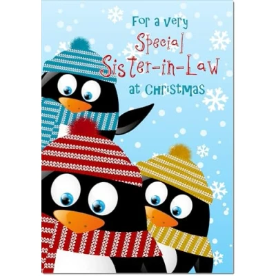 Image of doodlecards Sister in Law Christmas Card Three Penquins Medium Size for with Plain Envelope