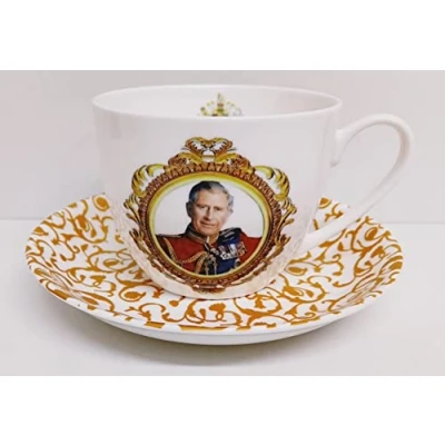 Image of HM King Charles III Cup &amp; Saucer Breakfast Large 450ml 15 oz Fine Bone China Coronation Commemorative Collectors Set Hand Decorated UK
