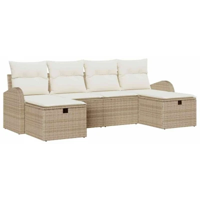 Image of Vidaxl 6 Piece Garden Sofa Set with Cushions in Beige Poly Rattan