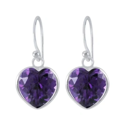 Image of The Goldmine Genuine 925 Sterling Silver dangly Heart Hook Earrings with Purple Amethyst CZ February Birthstone