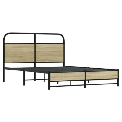 Image of vidaXL Sonoma Oak Single Bed Frame Sturdy Steel &amp; Engineered Wood Slatted Base Headboard 140x190cm Elegant Bedroom Decor