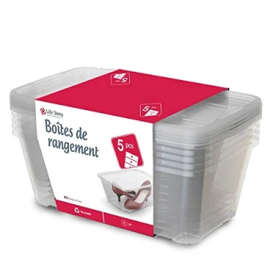 Image of Life Story 5 Pack Shoe Storage Boxes with Lid, Transparent, Stackable Light Weight Organizer Boxes, 11L, 38 x 28 15 cm