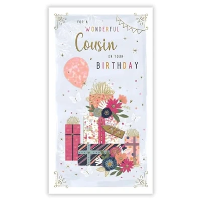 Image of Cousin Female Birthday Card Wonderful Flowers and Balloon Design Special Finishes Illustrated Insert Leaf Made in the UK