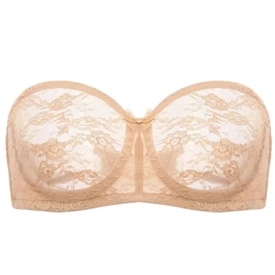 Image of DOBREVA Women&#039;s Strapless Bras See Through Sheer Lace Non Padded Underwired Multiway Bra Warm Beige 40C