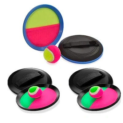 Image of Toss and Catch Ball Set with Six Velcro Paddle Discs Three Tennis Balls, Fun Outdoors Garden &amp; Beach Toy Game for the Whole Family, Develops Hand eye Coordination (Beach It Game, 3 Sets)