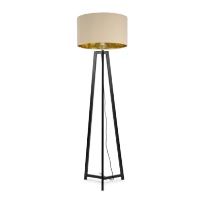 Image of Black Wood Tripod Floor Lamp with Beige/Gold Drum Lampshade Living Room Light