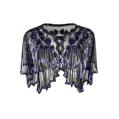 Image of Grouptap 1920s purple gatsby shawl bolero sequin cape shrug wrap for women ladies flapper art deco vintage dress costume (Purple, One Size)