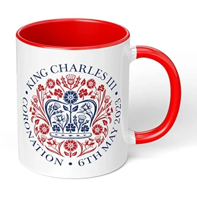 Image of Print Maniacs Kings Coronation Mug 2023 Official Emblem King Charles III Commemorative Souvenir Gift His Majesty The Royal Memorabilia Gifts (Red Infill)