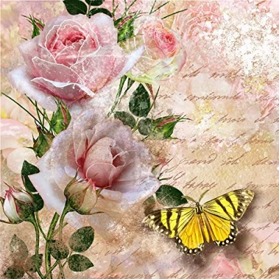 Image of 20 Napkins Butterfly on Roses / Flowers Animals Vintage 33 x cm