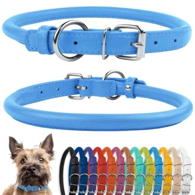 Image of CollarDirect Rolled Leather Dog Collar, Soft Padded Round Puppy Handmade Genuine Collar Small Large Cat Collars Black Pink Red Purple Blue (Fits 6&quot; 7&#039;&#039; Neck, Dark Blue)