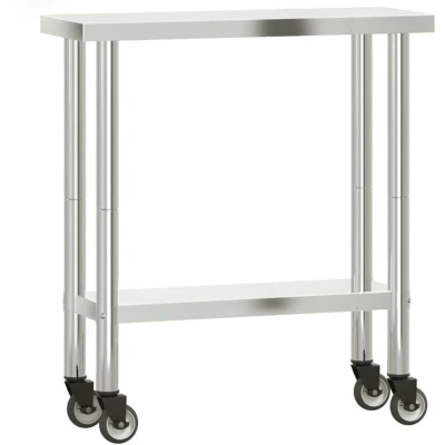 Image of vidaXL Kitchen Work Table with Wheels 82.5x30x85 cm Stainless Steel