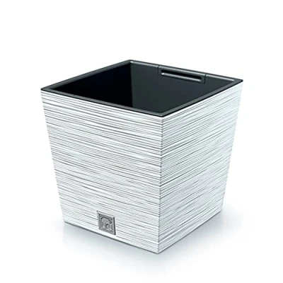 Image of Prosperplast 2 in 1 Flower Pot with Inner Planter Plastic Square Chisel Look White (24 cm x 24 23.5 cm)