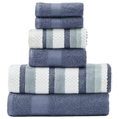 Image of Modern Threads Pax 6 Piece Reversible Yarn Dyed Jacquard Towel Set Bath Towels, Hand &amp; Washcloths Super Absorbent Quick Dry 100% Combed Cotton, Denim