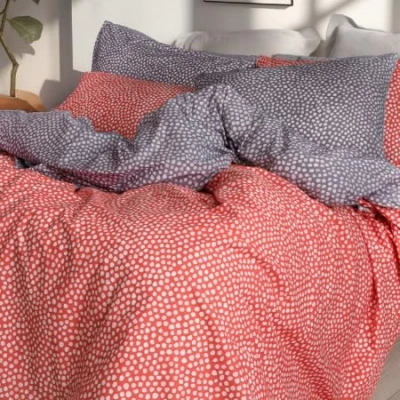 Image of LERUUM Christmas Duvet Cover Set Double Cotton Cosy Autumn Bedding Reversible Coral &amp; Grey Polka Dots Quilt Bed (Double)