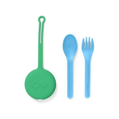 Image of OmieBox Kids Utensils Set with Case 2 Piece Plastic, Reusable Fork and Spoon Silverware Pod for Kids, Travel, Lunch Boxes (Mint Green)