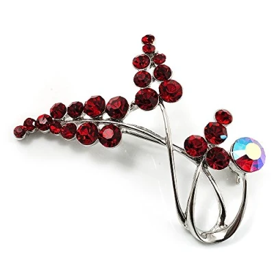 Image of Avalaya Burgundy Red Diamante Floral Brooch (Silver Tone)