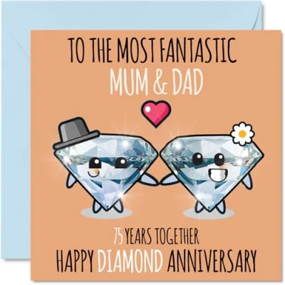Image of Cute Diamond Anniversary Card for Mum &amp; Dad 75 Years Together Happy 75th Wedding Cards Mum, 145mm x Greeting Seventy Fifth Anniversaries
