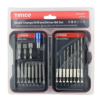 Image of TIMCO driver Bit &amp; ground Jobber Drill Set a selection of quick release HSS metal drills, S2 bits, socket drivers and magnetic adaptor 20pcs
