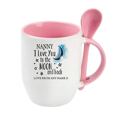 Image of Personalised Nanny I Love You to The Moon &amp; Back Coffee Tea Cocoa Soup Daily use Mug Valentine&#039;s Day Birthday Party gage Keepsake Unique Ceramic Cup Mug. (Pink Spoon)