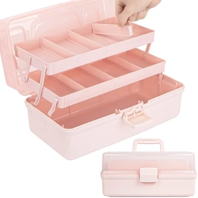 Image of Creahaus 14in 3 Layer Multipurpose Storage Box/Craft Boxes with Compartments/Plastic Tool Box/Medicine Box/Hair Accessories Organiser/Sewing Box 2 Trays(Pink)