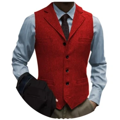 Image of AeoTeokey Mens Tweed Herringbone Suit Vest Slim Fit Notch Lapel Groomsmen Wedding Waistcoat (Red,4XL)