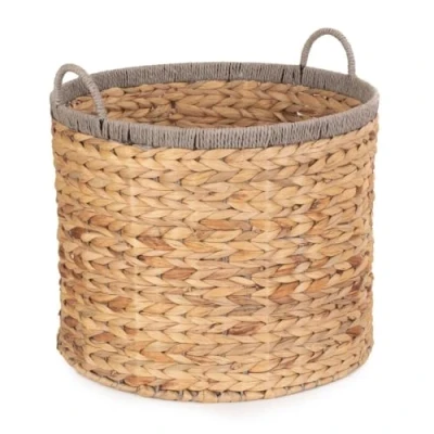 Image of Red Hamper Large Round Water Hyacinth Basket with Grey Rope Border, Brown