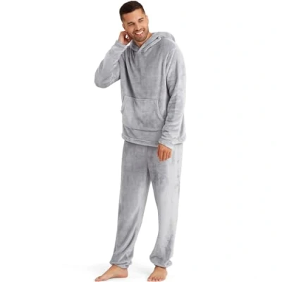 Image of Snuggaroo Mens Soft Fleece Hooded Pyjama Loungewear Set Grey XL