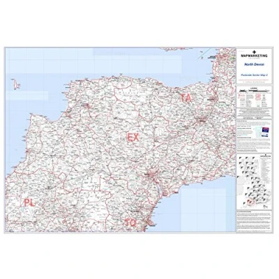 Image of North Devon Postcode Sector Wall Map 2 Laminated With Motorway, A&#039; Roads, B&#039; City Plans, Area, District, Sectors