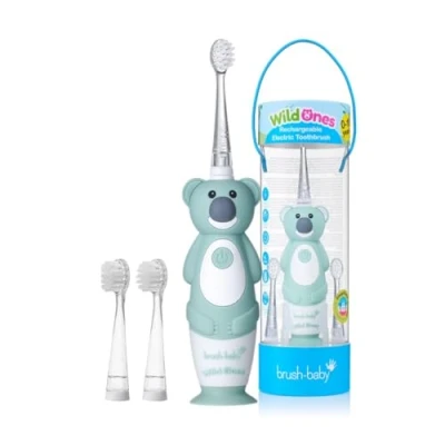 Image of Brush Baby WildOnes Kids Electric Rechargeable Toothbrush Koala, 1 Handle, 3 Head, USB Charging Cable, for Ages 0 10 (Koala)