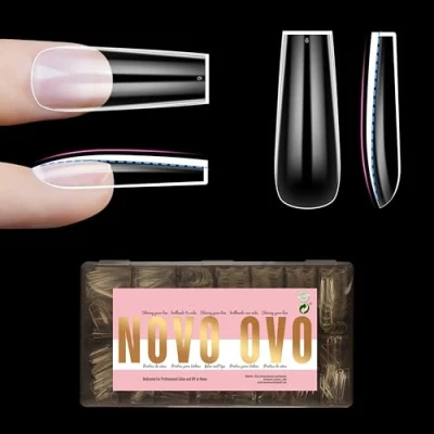 Image of NOVO OVO L Natural Thick Square Nail Tips for Flat Nails, Extra Long False Nails Press on, Full Cover Soft Gel Extension Fake Acrylic kit, Clear X 15 Sizes 450pcs