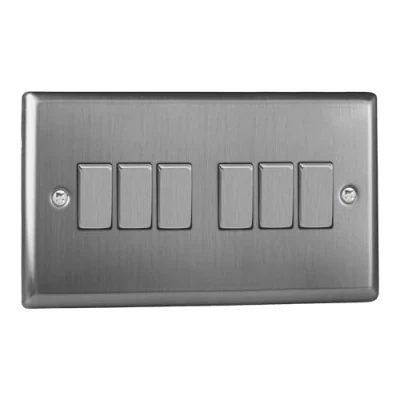 Image of Varilight XT96D Classic Brushed Steel 6 Gang 10A 1 or 2 Way Rocker Light Switch