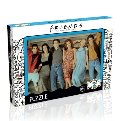 Image of Winning Moves Friends Stairs 1000 Piece Jigsaw Puzzle Game, together characters from the popular TV Series including Joey, Ross, Rachel, Chandler, Phoebe and Monica, gift for ages 10 plus