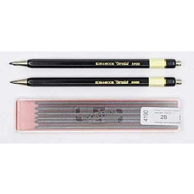 Image of Set of 2 KOH I NOOR 5900 2mm Diameter Mechanical Clutch Lead Holder Pencil Black + Graphite Leads for 120mm 2B (pack 12)…