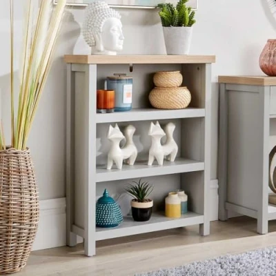 Image of Home Source Oak Low Bookcase Display Unit 3 Bookshelves DVD Storage, MDF, Grey, Shelf