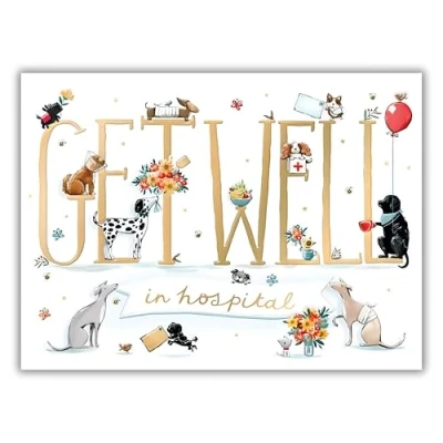 Image of Noel Tatt Get Well Card Soon In Hospital with Dogs and Flowers Design Embossed Foil Details
