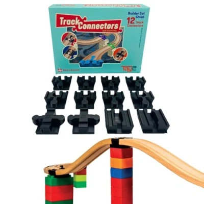 Image of TOY2 Builder Set Small 12 Toy Train Track Connectors Compatible with Brio &amp; Duplo Kit w/ 3 Different Sustainable Wooden Rail Connector Pack (21001