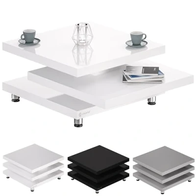 Image of CASARIA® New York Coffee Table 60x60cm High Gloss White Modern 360&quot; Rotating Top Design Cube Living Room Sofa Adjustable Levelling Feet MDF