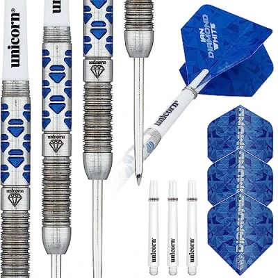 Image of Unicorn Steel Tip Darts Set Ian &#039;Diamond&#039; White Maestro Phase 2 90% Natural Tungsten Barrels with Blue Diamond Accents 25 g