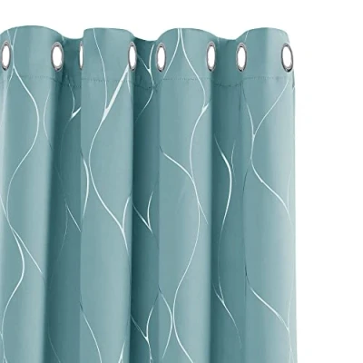 Image of Deconovo Curtains, Blackout Eyelet Home Decoration Thermal Insulated Wave Line Foil Printed Ring Top Curtains for Kids Bedroom, 52 x 63 Inch(Width Length), Sky Blue, one pair