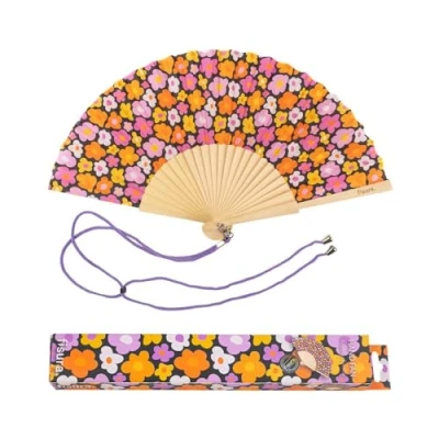 Image of Fisura Pattern Original handheld folding fan. wooden holding Hand Fans. Birthday Gifts Wedding Party Decoration. Fan with hanger included (Vintage flowers, multicoloured)