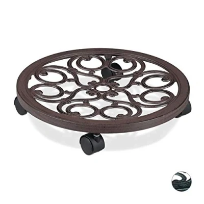 Image of Relaxdays Round Plant Caddy, Metal Flower Pot Roller for Indoors &amp; Outdoors, Antique Look, Ø 38 cm, Brown